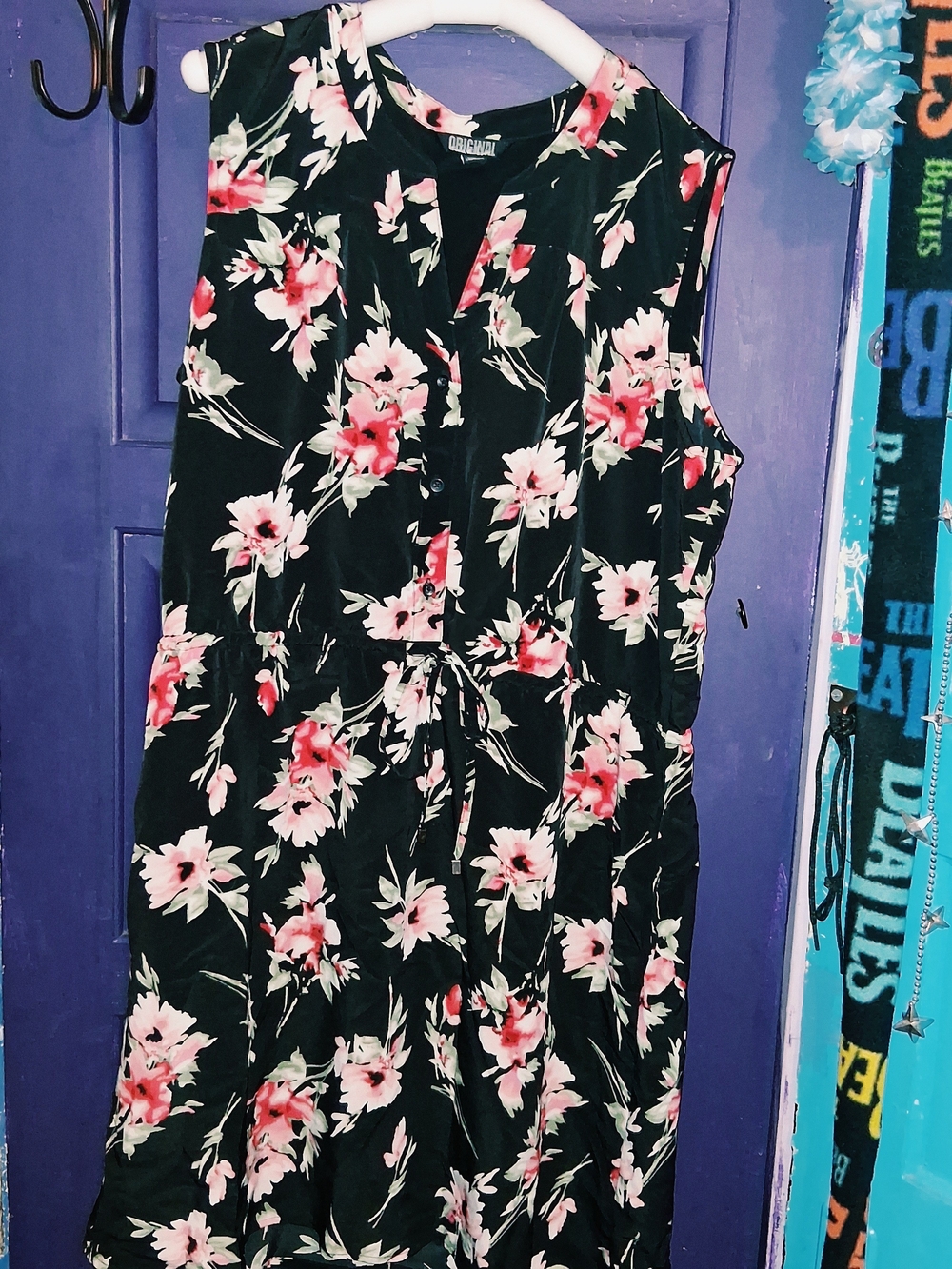 Nicole Miller Black Floral Sleeveless Dress with Pink Blooms